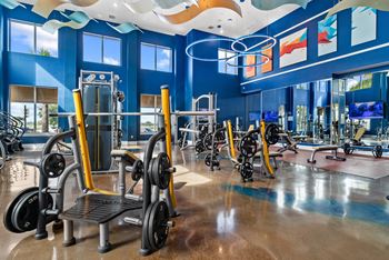 A gym with a variety of exercise equipment including treadmills, stationary bikes, and weight machines.